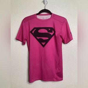 Very Rare Under Armour Men's Large Marvel Superman Compression Shirt Pink Black